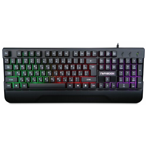 Клавиатура Гарнизон GK-350L, Rainbow, USB, черный, подставка для запястий, антифантальные клавиши, 12 дополнительных функций, кабель 1,5 м