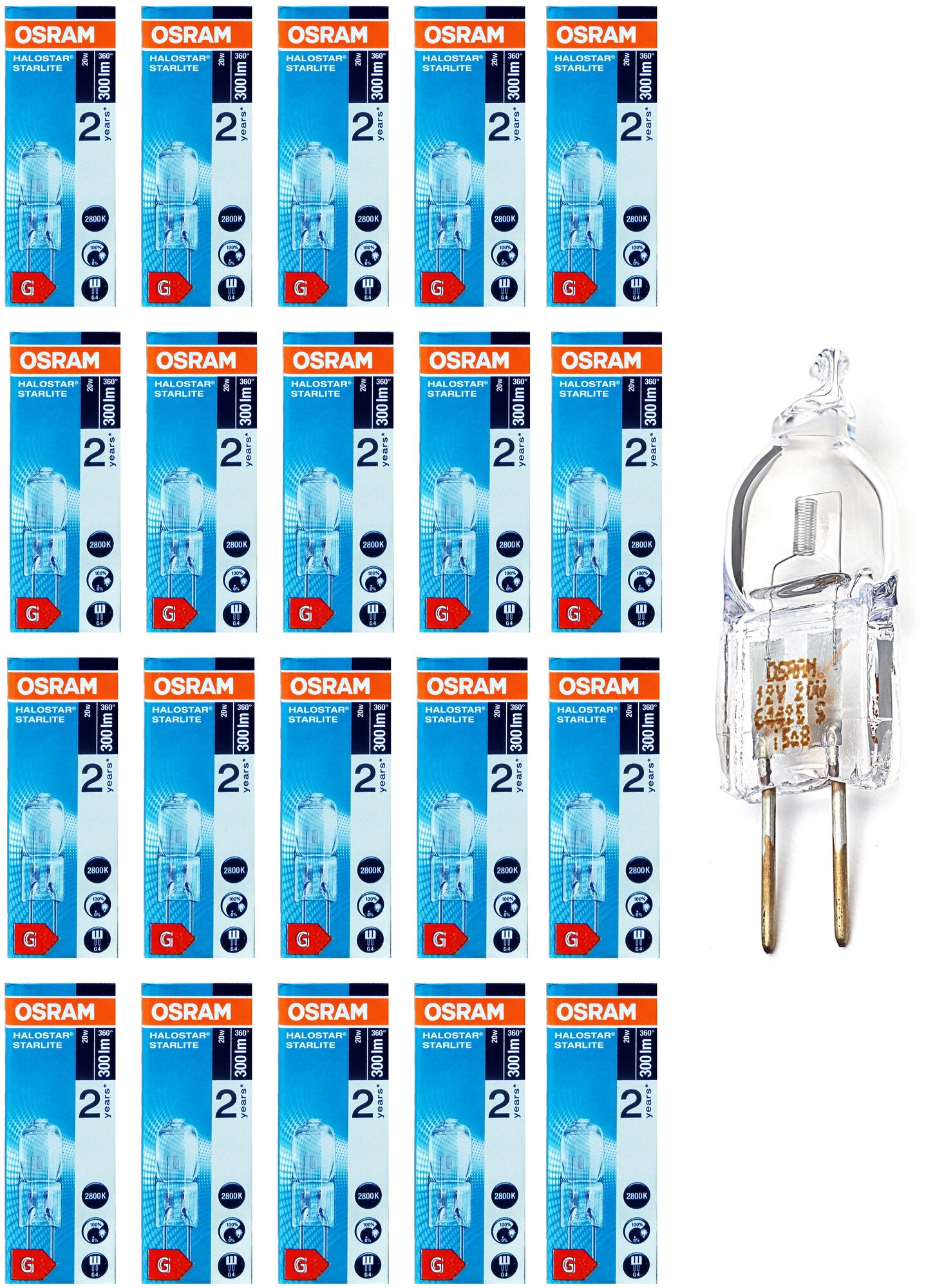 фото Лампочка галогенная OSRAM Капсула G4 20Вт 12В 300Лм 2800К Теплый белый Диммируемая, упаковка 20шт