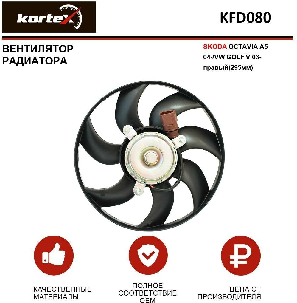 Вентилятор радиатора Kortex для Skoda Octavia A5 04- / Volkswagen Golf V 03- правый(295мм) OEM 1K0121207BB, 1K0121207T, 1K0959455CS, 1K0959455CT, 1K09