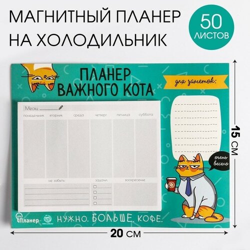 Планер на магнитах с отрывными листами Планер важного кота, 50 л, 15 х 20 см (размер части для заполнения 10 х 13 см)