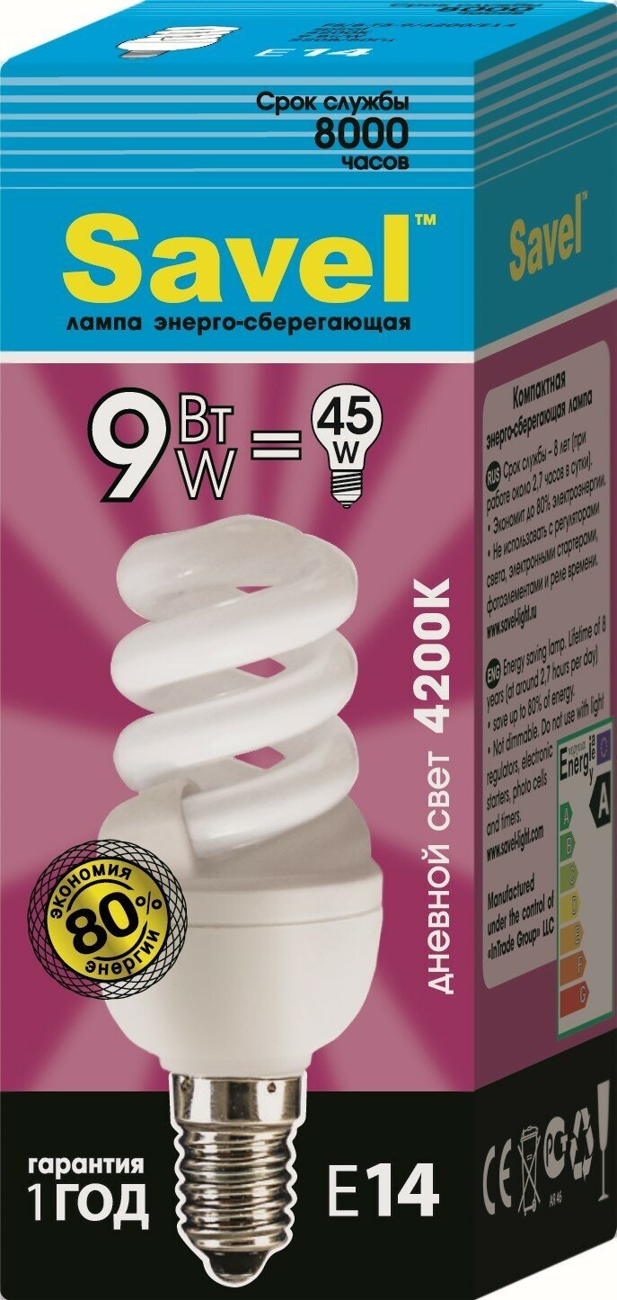 Лампочка SavelFS/8-T3-9/4200/E14 Дневной белый свет 9 Вт E14 Люминесцентная (энергосберегающая) 1 шт.
