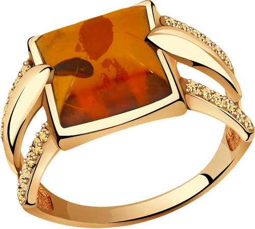 Кольцо Diamant online, золото, 585 проба, янтарь, фианит, размер 19.5
