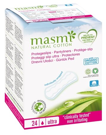 MASMI NATURAL COTTON. Ежедневные ультратонкие гигиенические прокладки из органического хлопка в индивидуальной упаковке 24шт