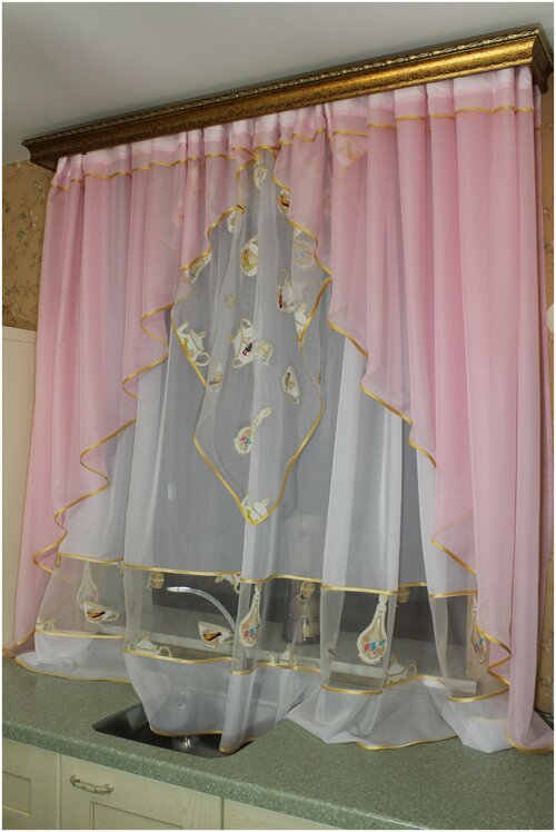 Комплект штор для кухни 3 угла (розовый + чайники), нейлон + органза, высота 170 см, по ленте регулируется до 2,2 м