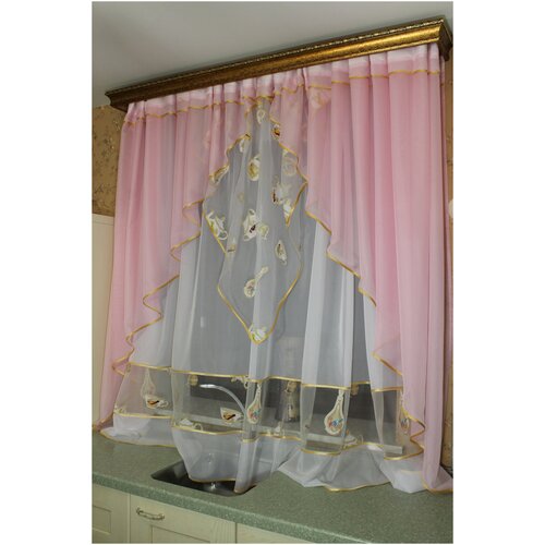 Комплект штор для кухни 3 угла (розовый + чайники), нейлон + органза, высота 170 см, по ленте регулируется до 2,2 м