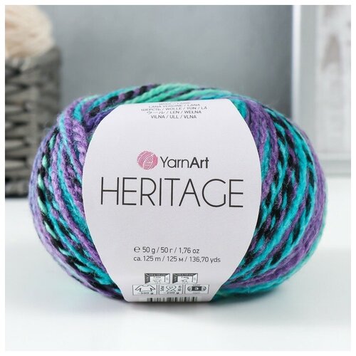 Пряжа Heritage 75% акрил, 25% шерсть 125м/50гр (339 зелёный-бирюза-фиолет), 1шт