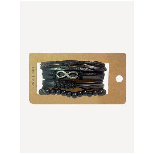 Комплект браслетов, металл, 5 шт., диаметр 9 см, серебристый, черный браслет кожаный мужской в подарочной упаковке размер 4 27 4 цвет черный