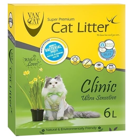 Van Cat Clinic Ultra Sensitive Комкующийся наполнитель с Антибактериальным эффектом, (коробка) 6 л, 5,1 кг - фотография № 1