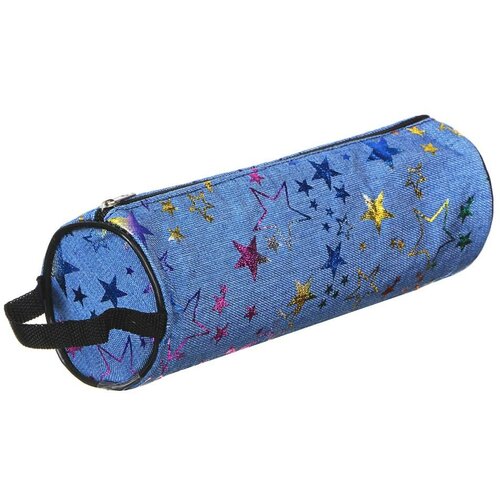 Пенал мягкий круглый, 21х7х7см, с ручкой, джинсовый материал, с антисминаемым вкладышем, 4 дизайна