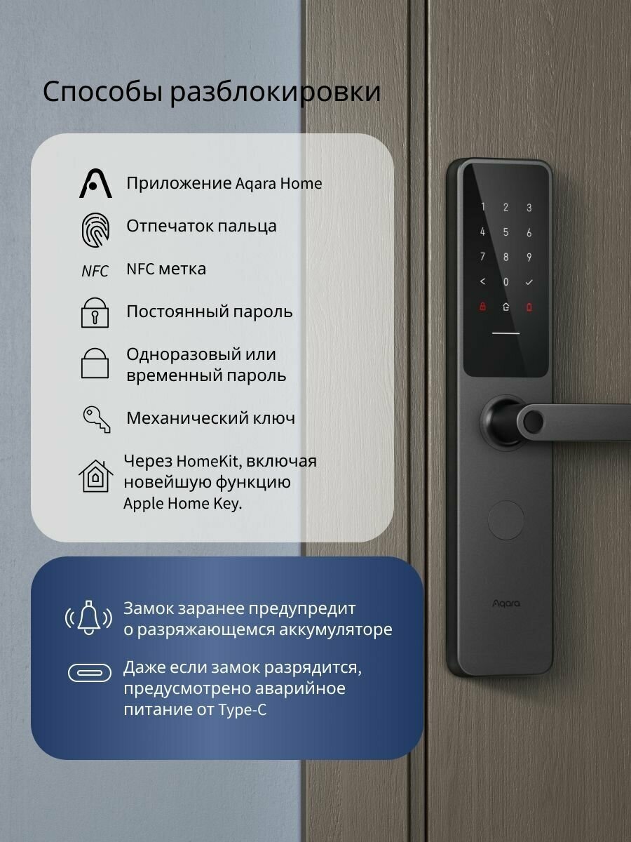 Умный замок Aqara A100 Zigbee врезной разбл.отпеч.паль. черный (ZNMS02ES) - фото №5