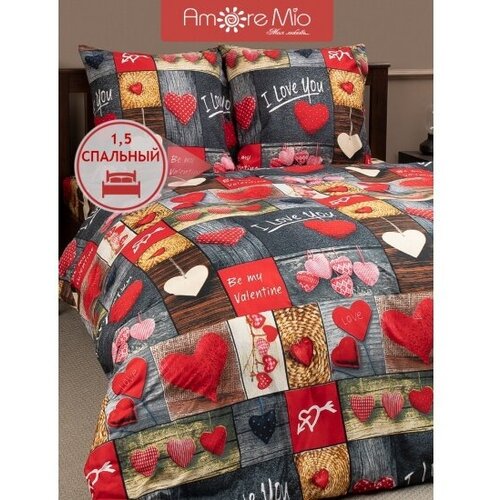 Постельное белье Amore Mio серии Макосатин 1,5 спальное, комплект микрофибра красный с рисунком сердечки