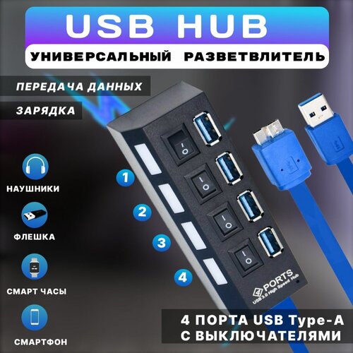 USB Hub разветвитель на 4 USB с выключателями для периферийных устройств чёрный 39000₽