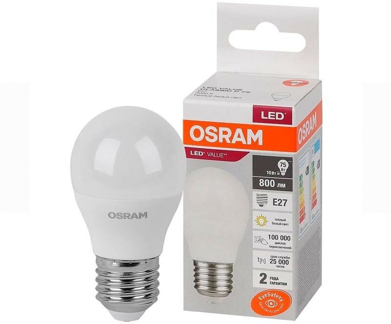 Лампа светодиодная LED Value LVCLP75 10SW/830 10Вт шар матовая E27 230В 10х1 RU OSRAM 4058075579897