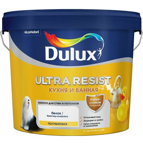 Краска для стен кухни и ванны Dulux Ultra Resist белая база BW 5 л краска dulux ultra resist для детской матовая база bw 5 л
