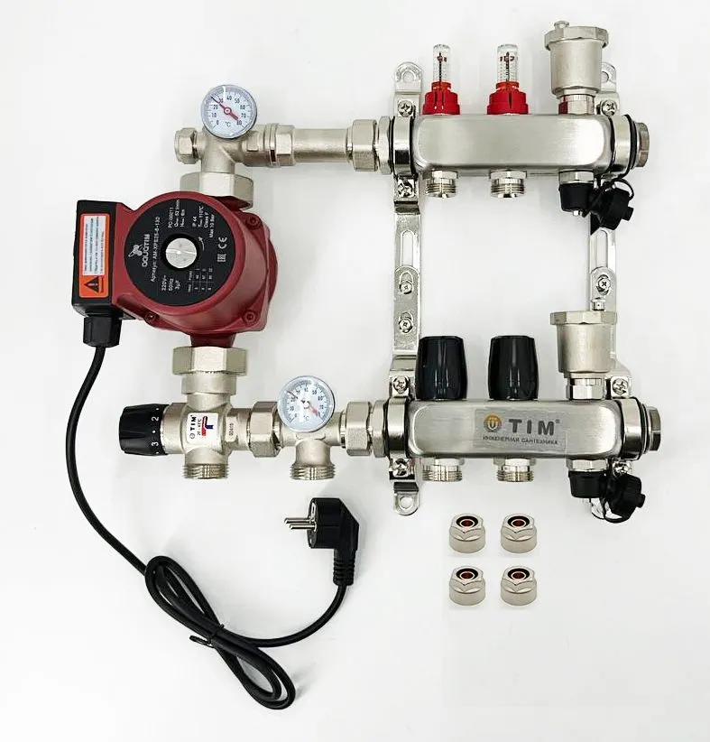 Комплект для водяного теплого пола : Коллектор 2 выхода с расходомерами 1" - 3/4" + узел JH-1035 + насос 25-60 130 + евроконус - TIM