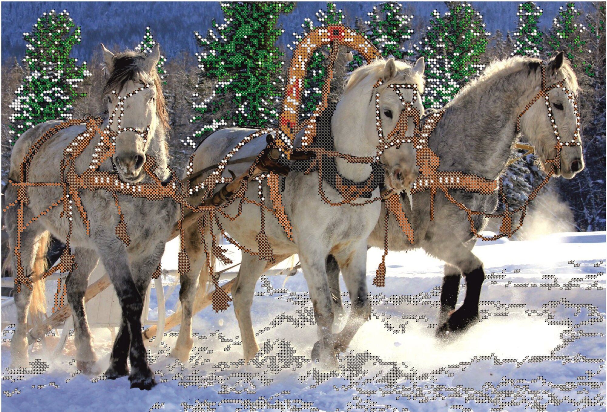 Вышивка бисером картины Тройка лошадей