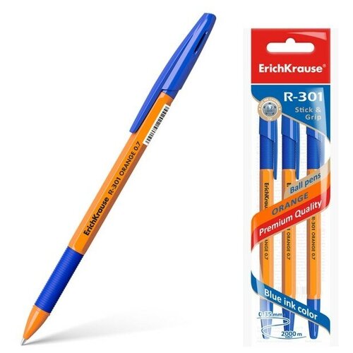 Набор ручек шариковых 3 штуки ErichKrause R-301 Orange Stick & Grip, узел 0.7 мм, чернила синие, резиновый упор, длина линии письма 1000 метров, европодвес набор ручек шариковых 3 штуки r 301 orange stick