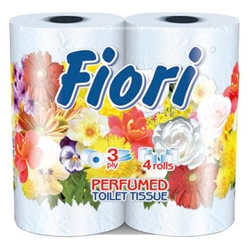 Туалетная бумага "Fiori", 4 рулона, 3 слоя, голубая, ароматизированная