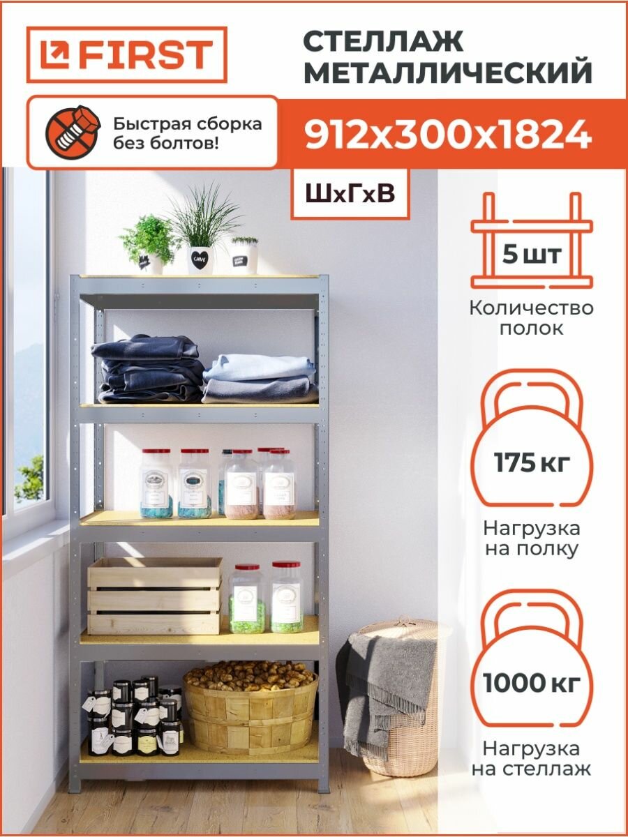 Стеллаж металлический HIT BOARD 912х1824х300/5 полок МДФ оцинкованный 91.2х30х182.4 см