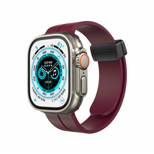 ремешок силиконовый для apple watch 42 44мм 16 голубой на кнопке Силиконовый ремешок для Apple Watch 42-44-45-49 mm магнитный(винный)