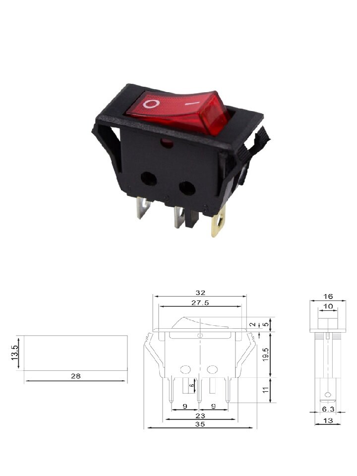 Клавиша 250V 15А ON-OFF (3с) красный с подсветкой REXANT