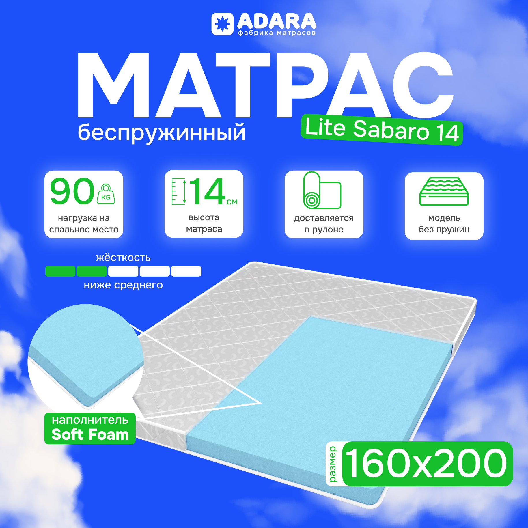 Матрас Magnum Sabaro 160х200 см 14, средней жесткости, беспружинный