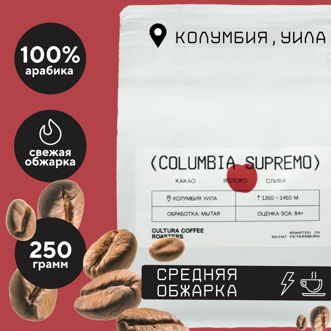 Кофе В Зернах Арабика 100  250 Гр Колумбия Супремо Свежая Обжарка  Идеально Подходит Для Сиропов  Эспрессо  Капучино 