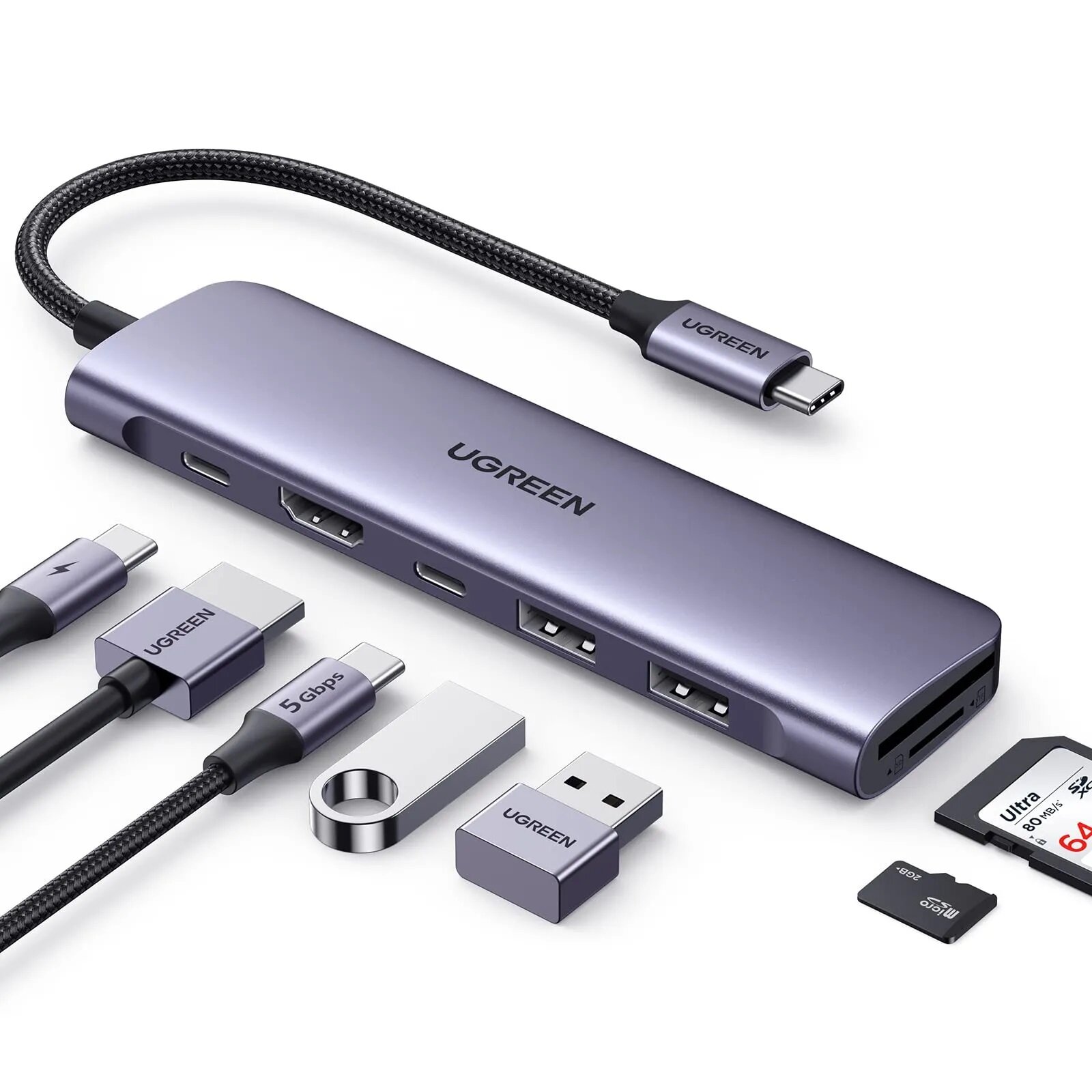 Док-станция Ugreen CM195-15214 USB-C To HDMI (4K@30Hz) + 2*USB 3.0 A + USB-C + SD/TF + PD, Space Gray
