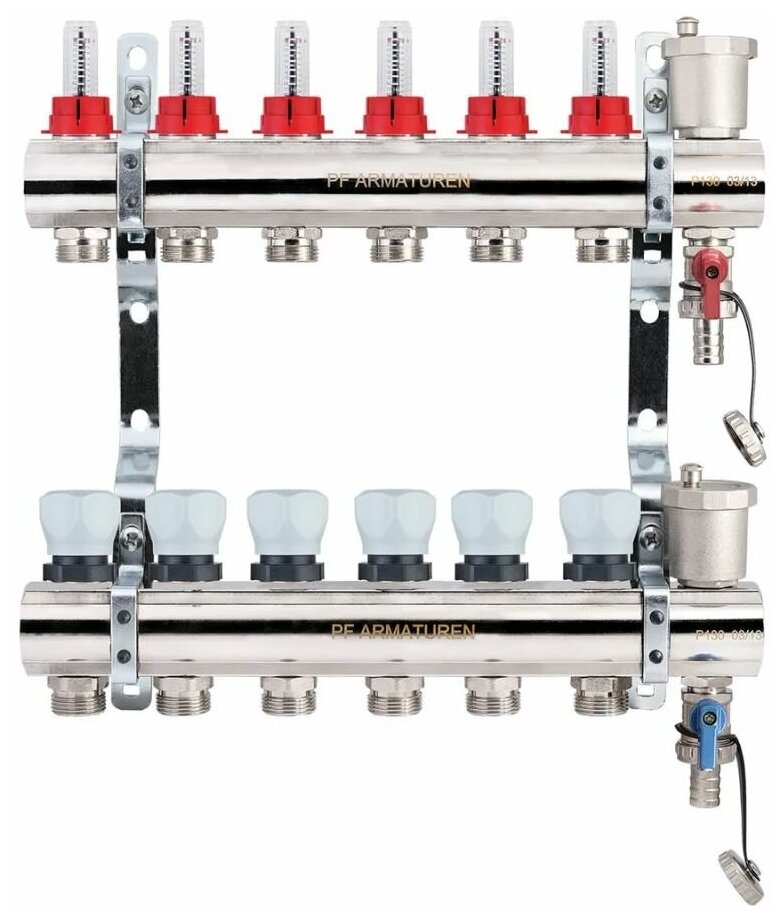 Коллекторная группа PF 1"х 3/4" М 6 выходами с расходомерами и термост. клапанами PF МВ 802.6