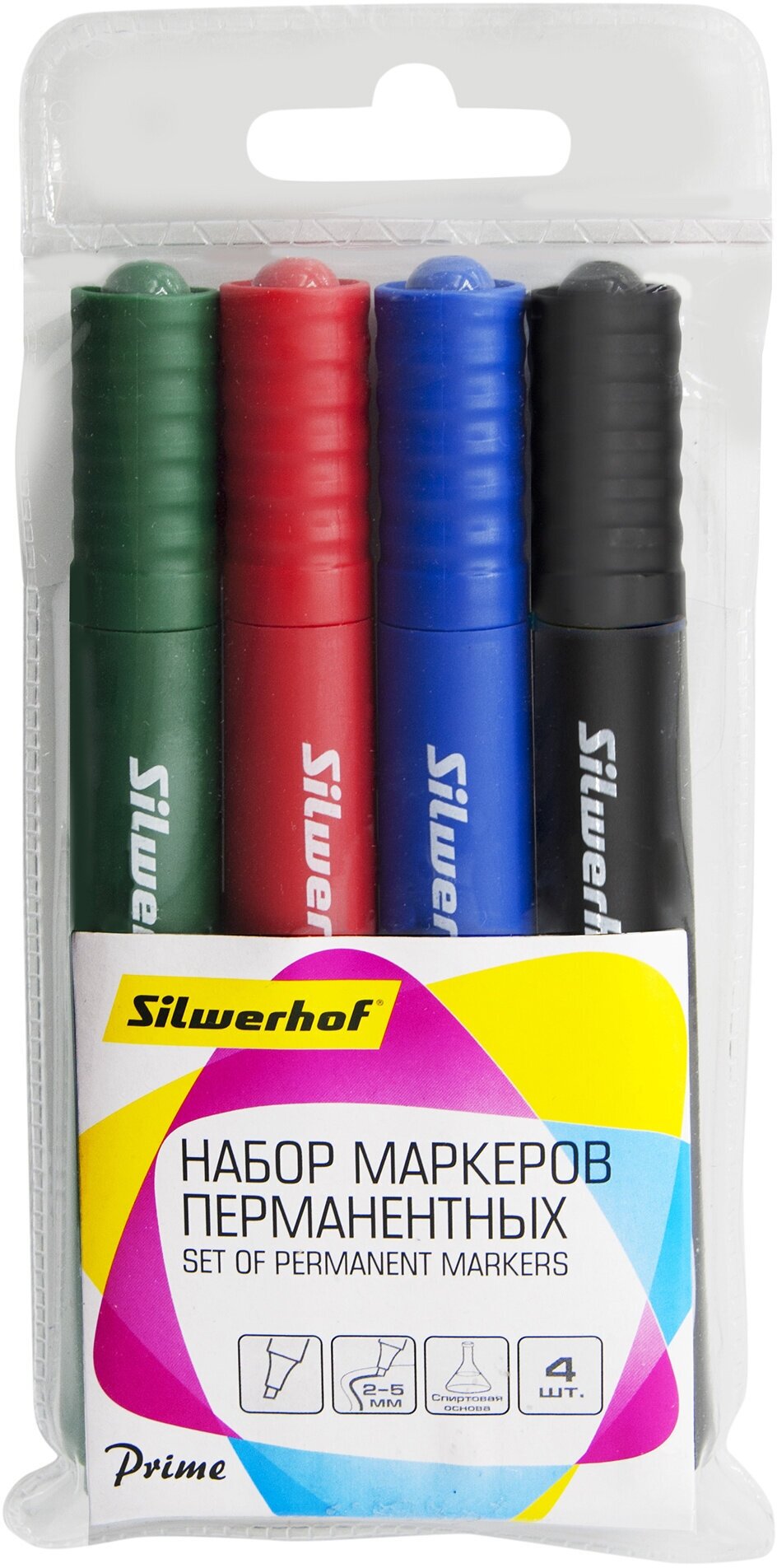 Набор маркеров перманентных Silwerhof Prime скошенный пиш. наконечник 2-5мм 4цв. пакет с европодвесом