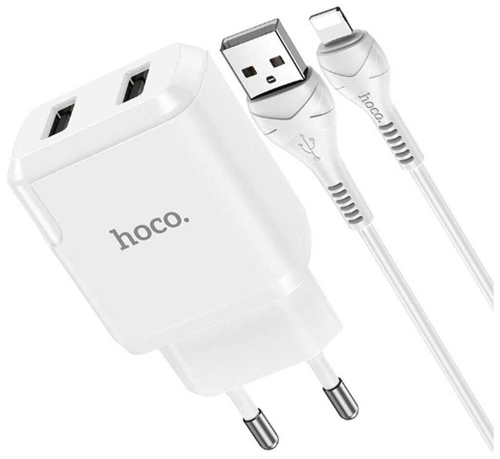 Сетевое зарядное устройство (СЗУ) Hoco N7 Speedy (2 USB) + кабель Lightning, 2.1 А, белый