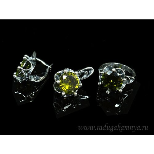 Комплект бижутерии: кольцо, серьги, циркон, размер кольца 16, желтый тент сплав 6х4 4 олива
