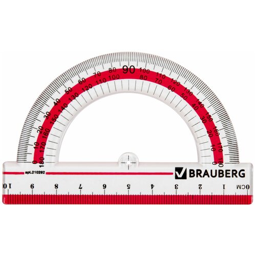 BRAUBERG Транспортир 10 см, 180 градусов, пластиковый, brauberg crystal , прозрачный, с выделенной шкалой, подвес, 210292, 48 шт.