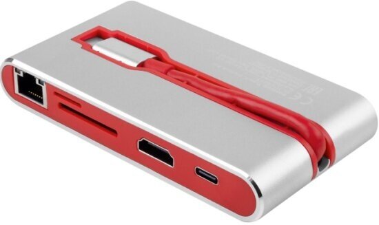 Разветвитель USB Rombica Type-C Hermes Red, USB 3.0 x 3, Type-C PD, HDMI, LAN, картридер, алюминий, красный