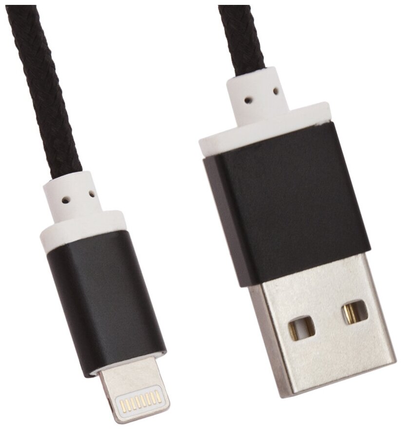 USB кабель для Apple iPhone, iPad, iPod 8 pin оплетка и металл. разъемы в катушке, 1.5 м, черный LP