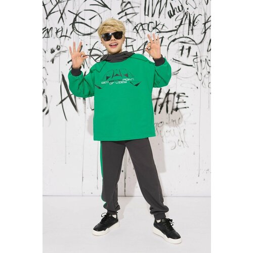 фото Худи шалуны, удлиненная, карманы, капюшон, манжеты, трикотажное, утепленное, размер 38, 152, зеленый