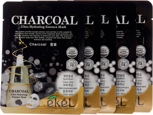 Корейская тканевая маска для лица с экстрактом древесного угля. EKEL Charcoal Ultra Hydrating Essence Mask 5pcs.