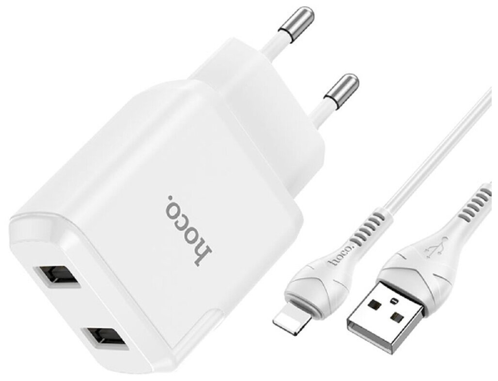 Сетевое зарядное устройство (СЗУ) Hoco N7 Speedy (2 USB) + кабель Lightning, 2.1 А, белый