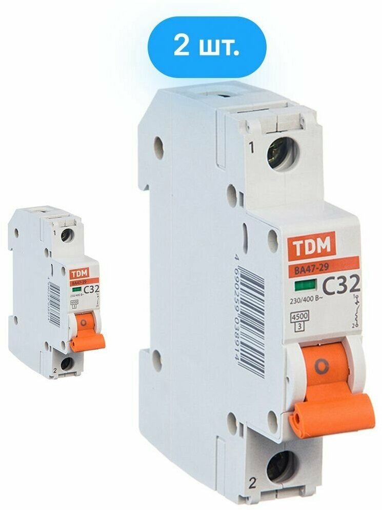 Автоматический выключатель TDM Electric ВА47-29 1P 32А характеристика C (комплект из 2 шт.)