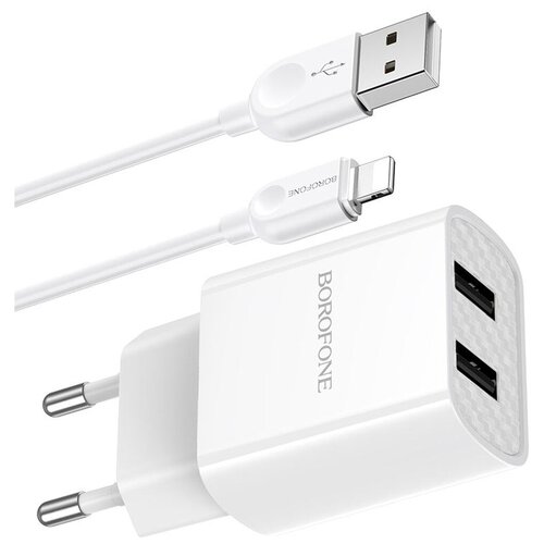 сетевое зарядное устройство с кабелем lightning 2usb 100 240в 5 0в 2 4а макс mrm mr24i Сетевое зарядное устройство с кабелем Type-C 2USB, 100-240В/5,0В, 2,1А макс Borofone BA53A