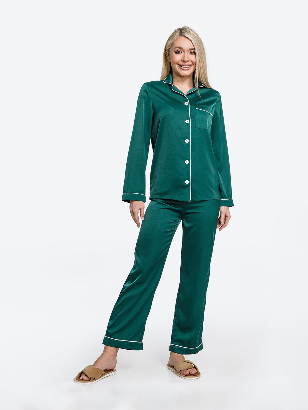 Пижама HappyFox, рубашка, брюки, длинный рукав, карманы, размер 50, зеленый - фотография № 2