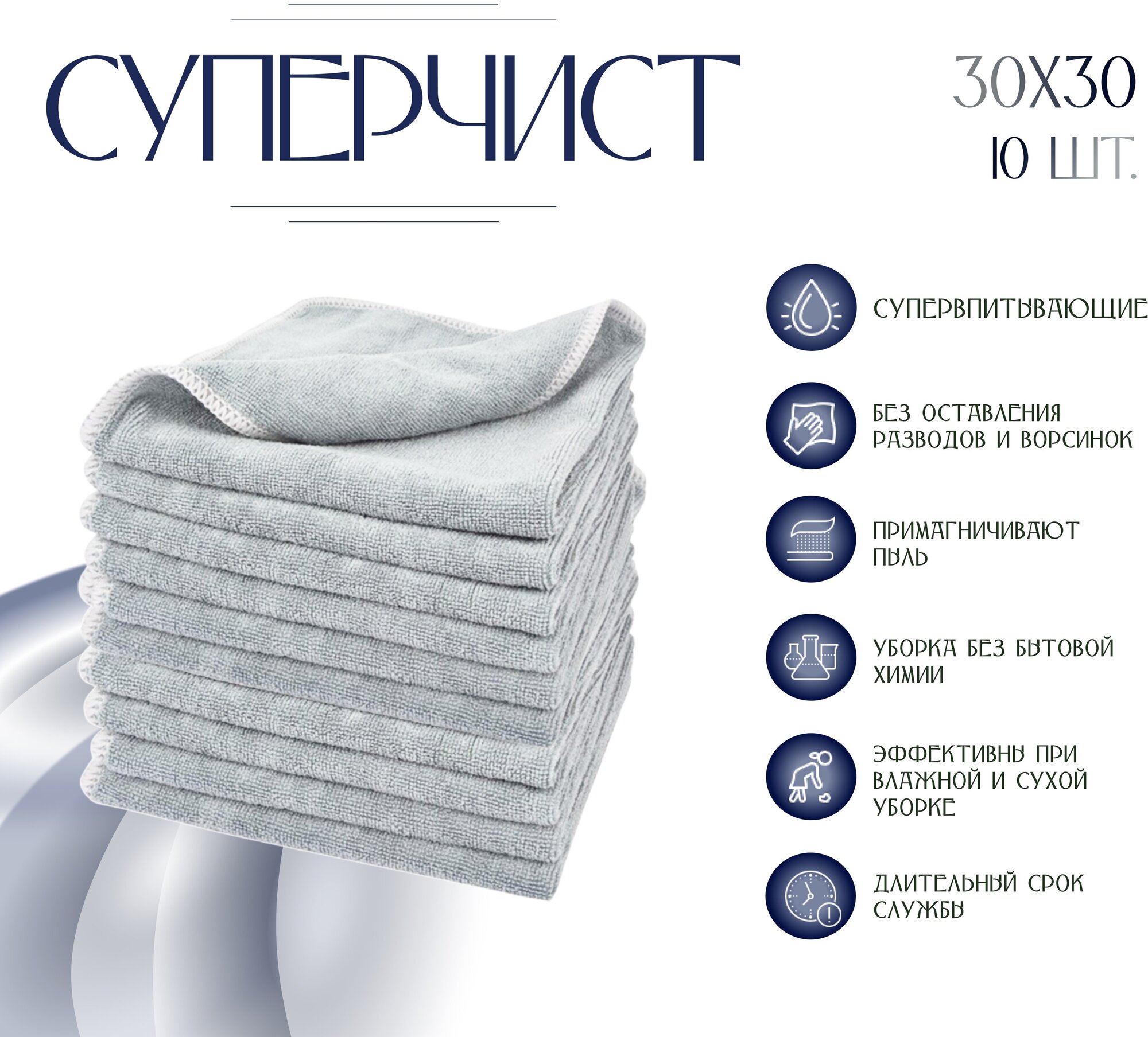 Салфетка из микрофибры для уборки, суперчист, (30х30 см), 10 шт, серая