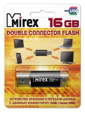 Флеш накопитель 16GB Mirex Smart, OTG, USB 2.0/MicroUSB, Черный