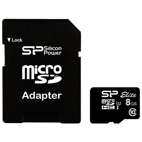 Карта памяти Silicon Power microSDHC 8 ГБ Class 10, UHS-I, R/W 25/14 МБ/с, адаптер на SD карта памяти smartbuy microsdhc 16 гб sb16gbsdcl10 00le class 10 запись 15 мбайт сек чтение 50 мбайт сек
