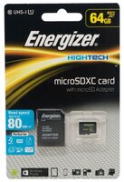 Карта памяти Energizer microSDXC Class 10 UHS-I U1 80MB/s 64GB + SD adapter