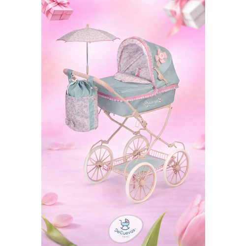 Коляска для кукол люлька DeCuevas Toys 81045, с аксессуарами съемной сумкой-кисетом и зонтом, высота ручки 81 см, серия Прованс, классический дизайн, большие колеса