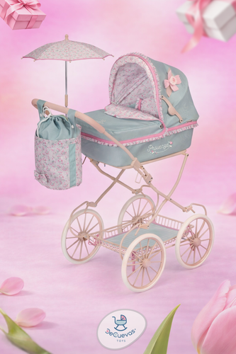 Изображение товара Коляска для кукол люлька DeCuevas Toys 81045, с аксессуарами съемной сумкой-кисетом и зонтом, высота ручки 81 см, серия Прованс, классический дизайн, большие колеса