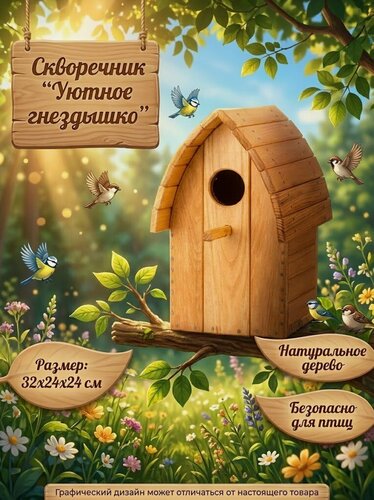 Изображение товара Скворечник для птиц Уютное гнездышко из натурального дерева.