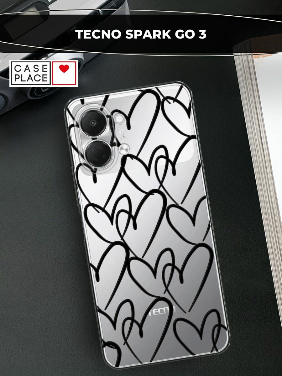 Силиконовый чехол на Tecno Spark Go 3 / Текно Спарк Го 3 с принтом Hearts doodle black 1