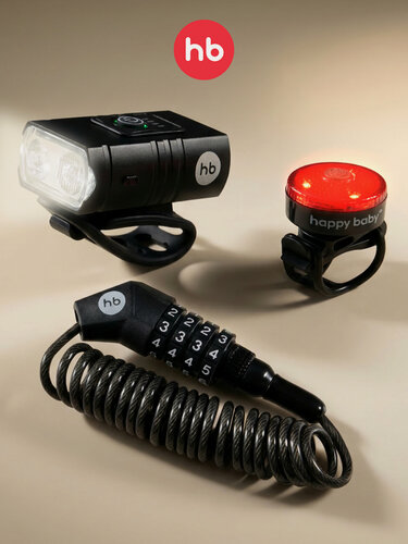 Изображение товара 40106, Аксессуары для велосипеда Happy Baby, набор для велосипеда, фонарики и велозамок, черные